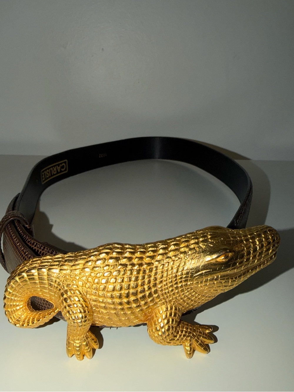Vtg Carlisle Huge Gold-Tone Crocodile Buckle With Brown Embossed Belt, Sz Large